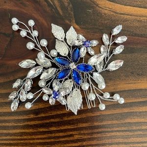 Silver and Blue flowered hairpin with pearl accents